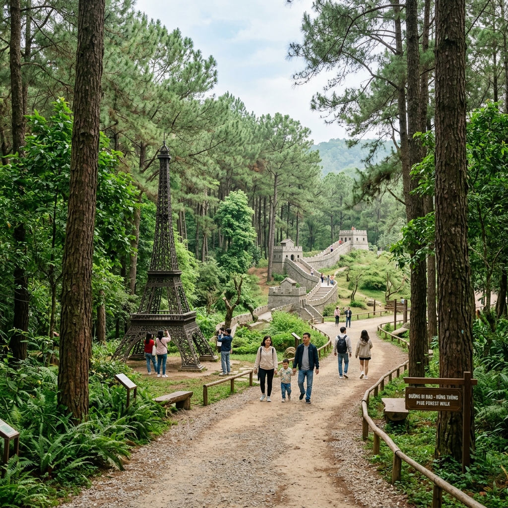 Tourists exploring the eco area with Eiffel Tower model