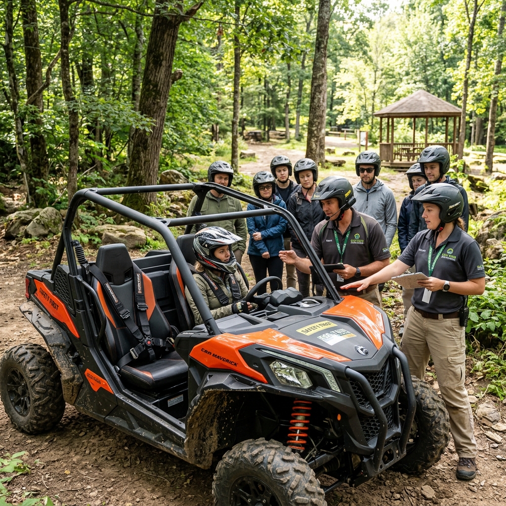 Tourists practicing driving off-road ATV with instructor