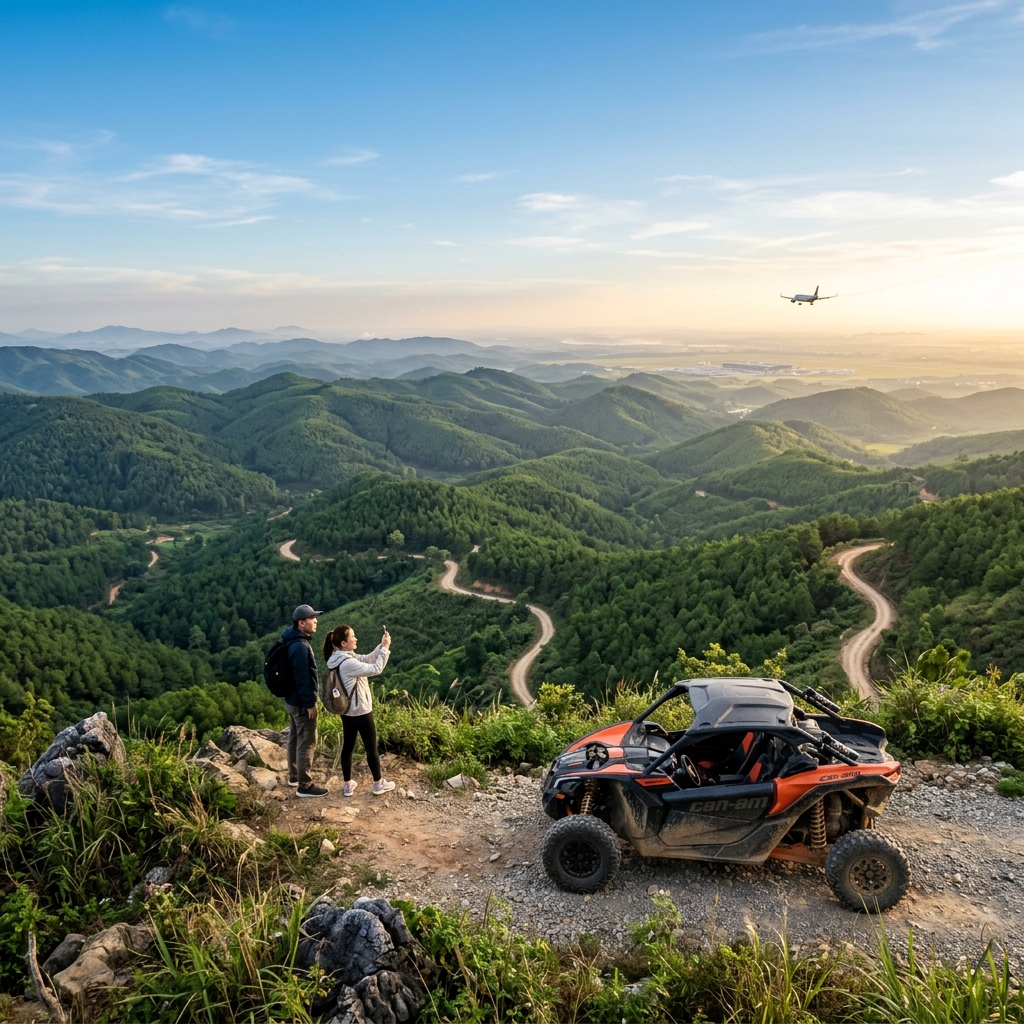 Panoramic view from Sóc Sơn peak with ATV parked